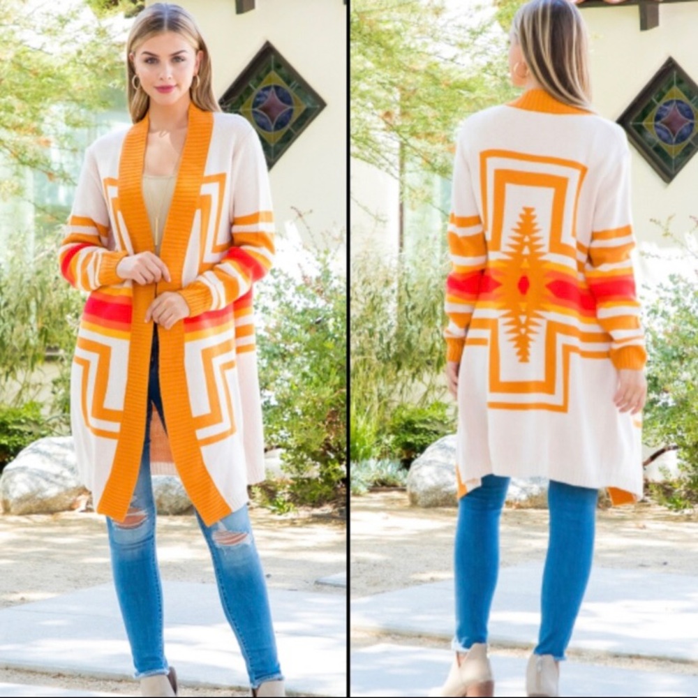Cardigan open tribal pattern in cream, orange, gold | Size S —#040 - Picture 4 of 12